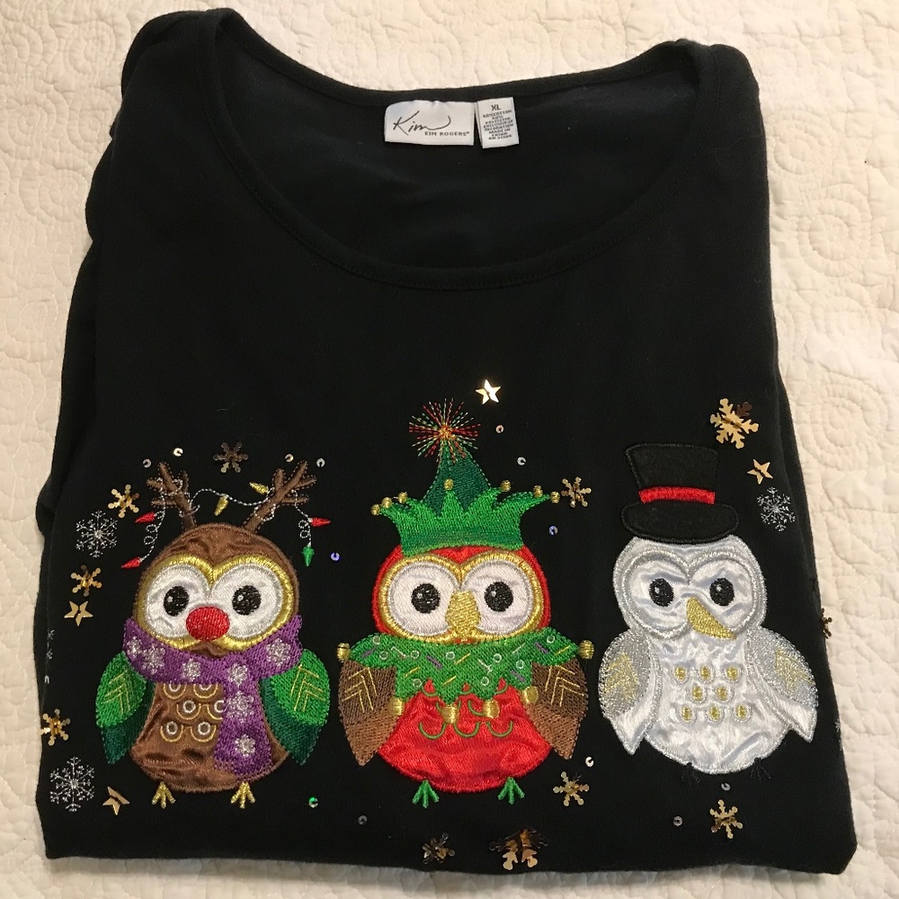 Kim Rogers long sleeved black top with 3 embroidered Christmas owls (XL)